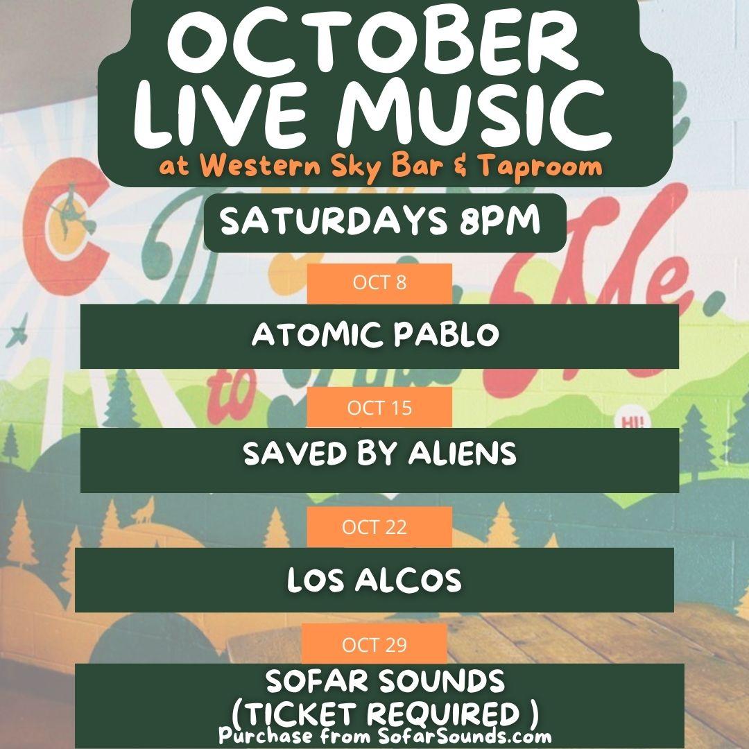 Live Music at Western Sky Bar & Taproom
Sat Oct 8, 8:00 PM - Sat Oct 8, 10:00 PM