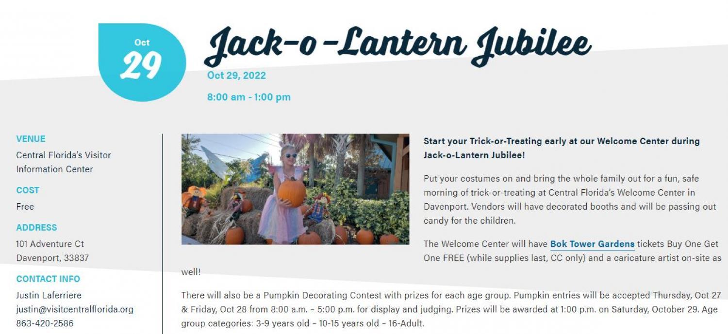 Jack-O-Lantern Jubilee
Sat Oct 29, 8:00 AM - Sat Oct 29, 1:00 PM
in 9 days
