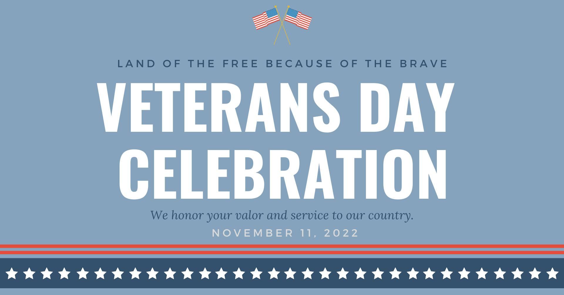 Veteran's Day Celebration
Fri Nov 11, 10:00 AM - Fri Nov 11, 11:00 AM
in 22 days