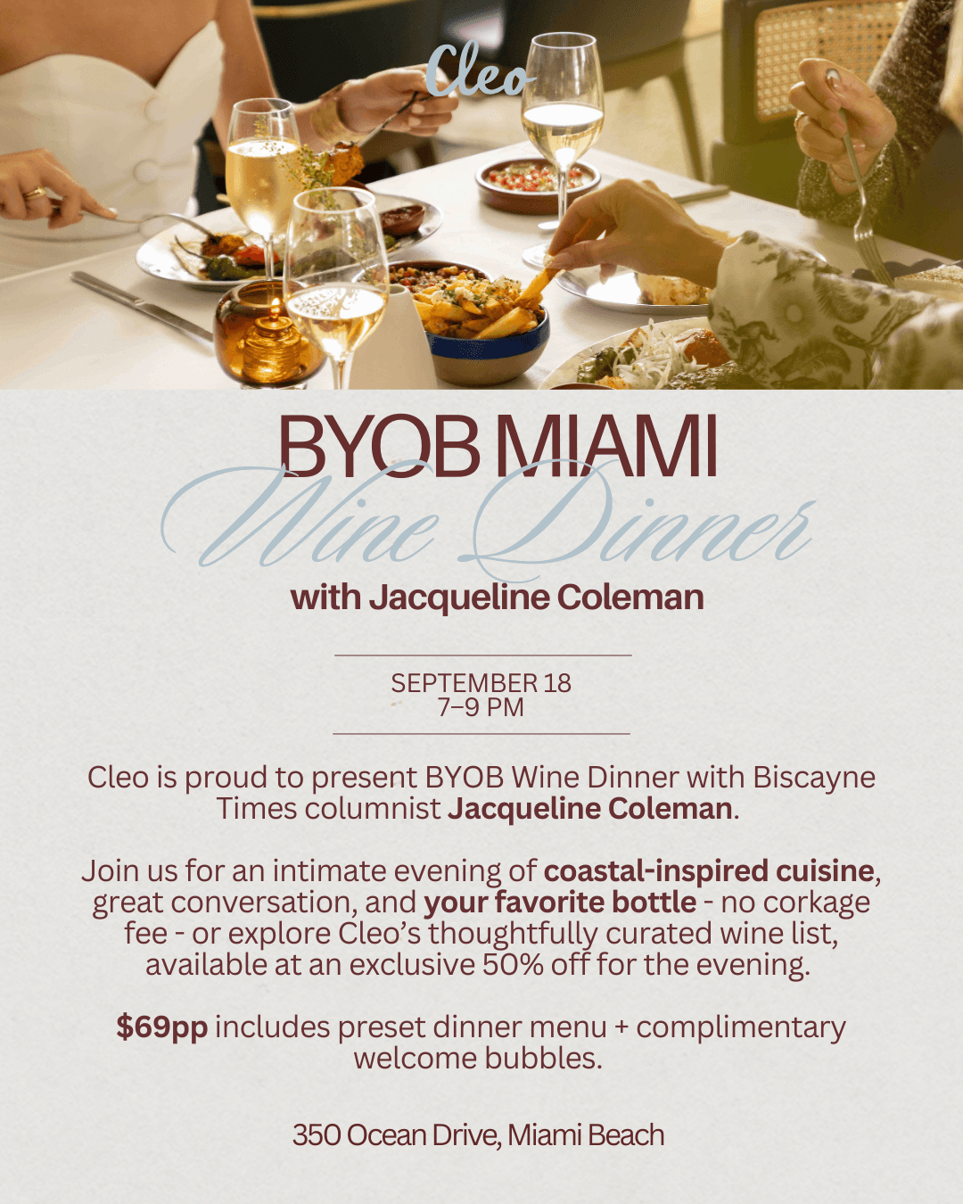 BYOB Miami Wine Dinner at Cleo