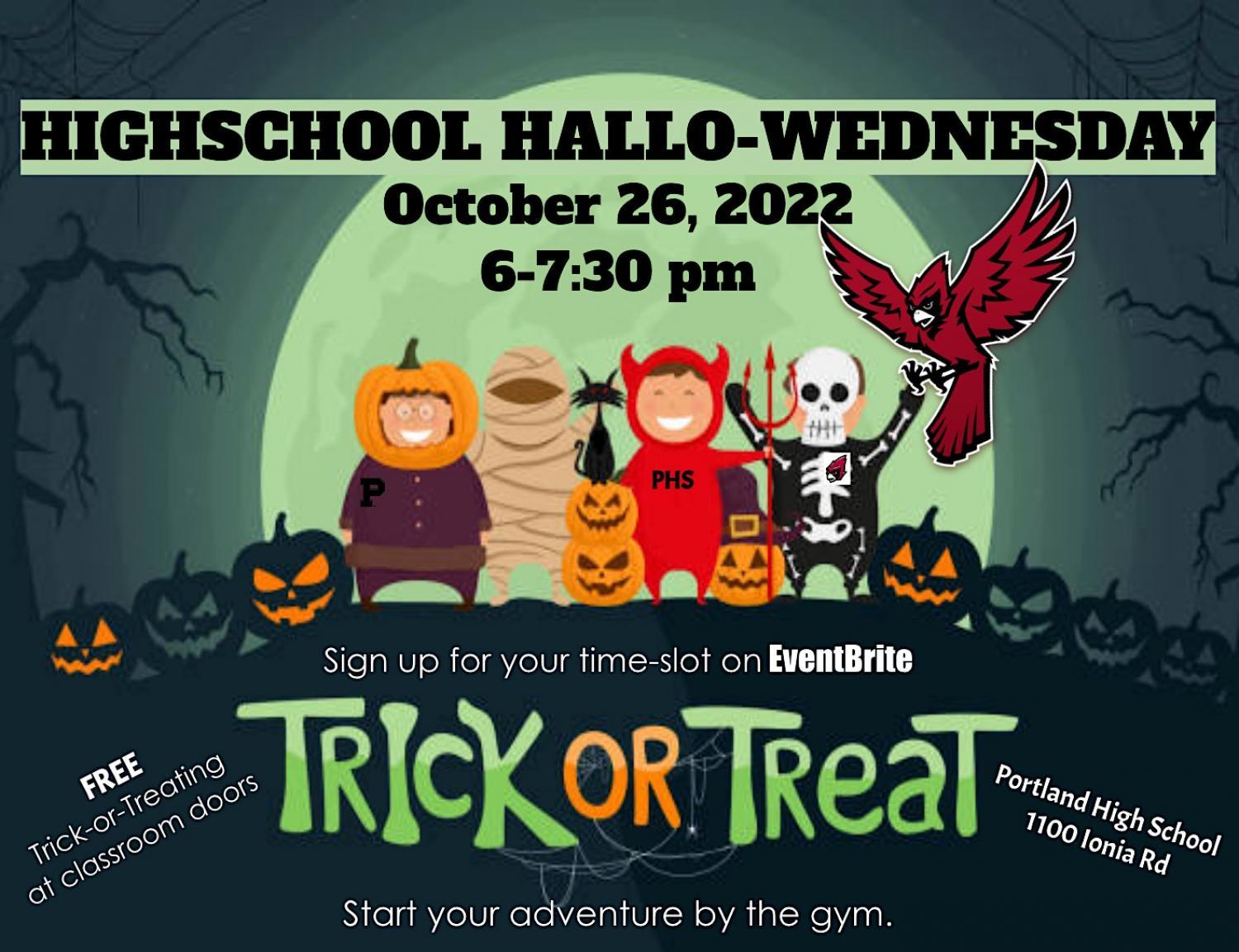 Portland High School - Halloween Trick or Treating
Wed Oct 26, 6:00 PM - Wed Oct 26, 7:30 PM
in 6 days