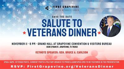 First Grapevine's Salute to Veteran's Dinner
Fri Nov 11, 5:00 PM - Fri Nov 11, 6:30 PM
in 23 days